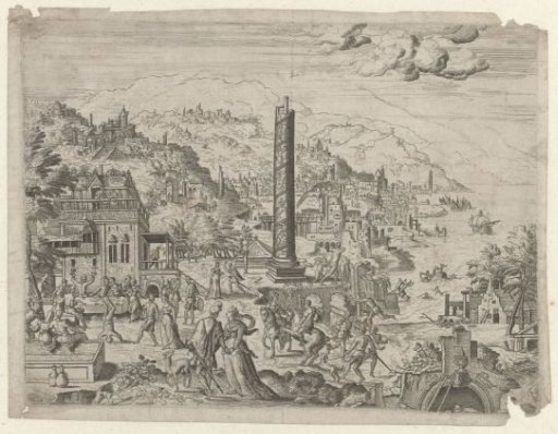 Southern landscape with a festive company and an ancient column