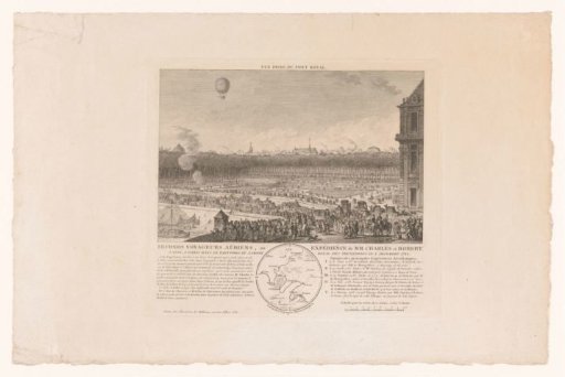 Hot air balloon flight by the brothers Charles and Robert from Paris to Beaumont, viewed from the Tuileries, 1 December 1783