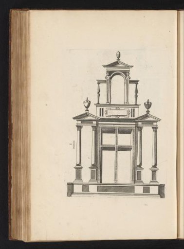 Window assembly with three pediments on columns