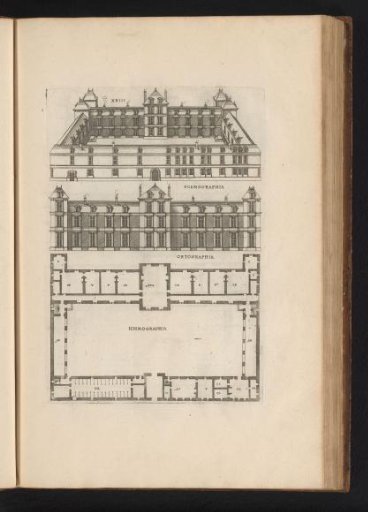 Bird's-eye view, front elevation and floor plan