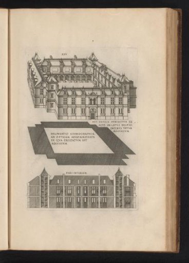 Bird's-eye view, ground plan and section