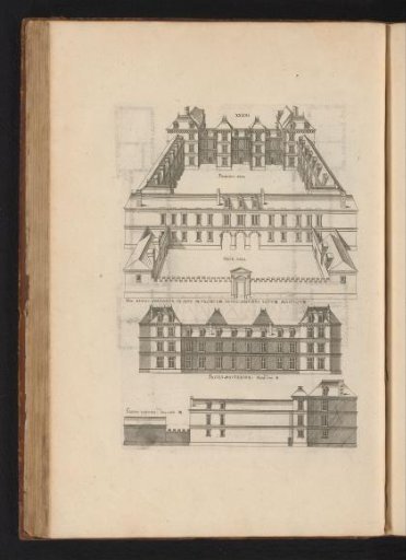 Bird's-eye view, front and side elevations