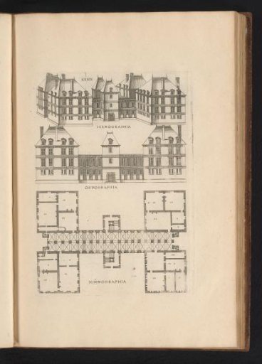 Bird's-eye view, front elevation and floor plan