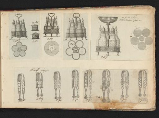 Designs for oil and vinegar sets and sugar tongs