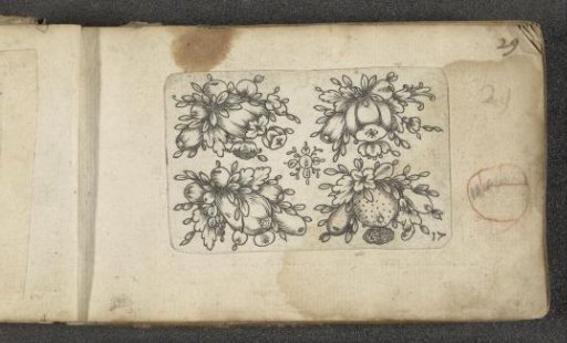 Four bunches of fruit and an ornament