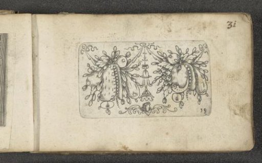 Two bunches of fruit and a cherub, in profile