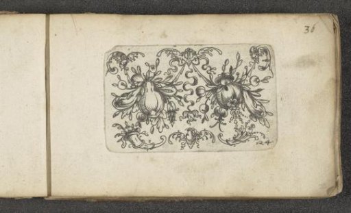 Two bunches of fruit, two cornucopias and a cherub