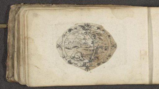 Cartouche with a defecating dog