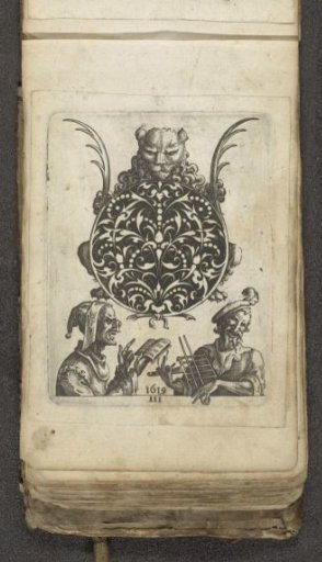 Blackwork ornament with a lion and musicians