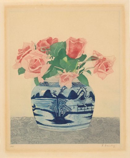 Pink roses in a ginger jar with Chinese decorations
