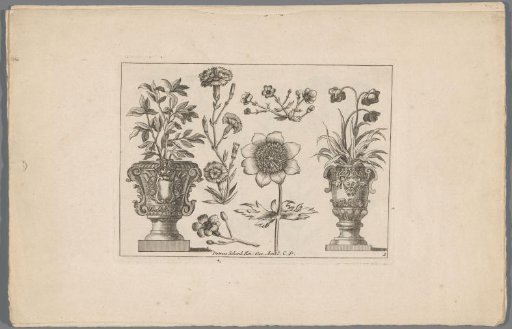 Carnations and other flowers flanked by two ornate vases