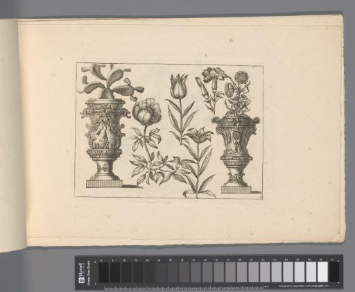 Carnations, tulips and other flowers, flanked by two ornamental vases