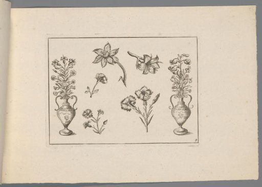 Various flowers, flanked by two ornamental vases