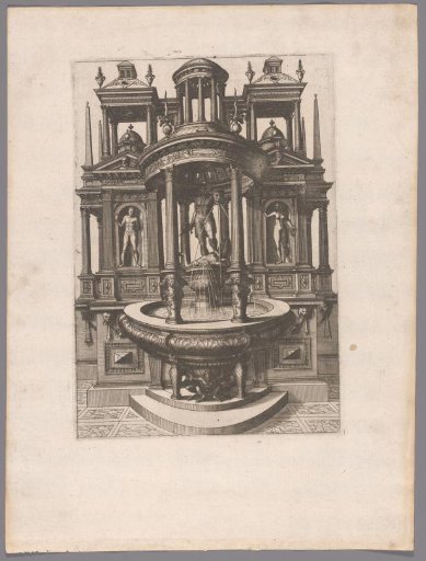 Round fountain with a statue of David