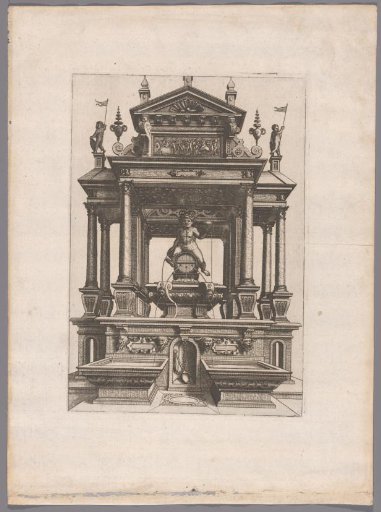 Temple with fountain and Bacchus on a barrel