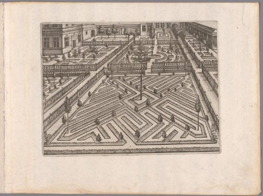 Garden with various parterres, surrounded by balustrades