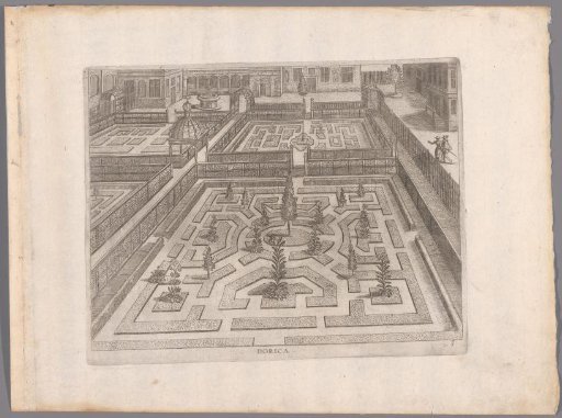 Garden with a parterre and rectangular compartments with a plant in the corners