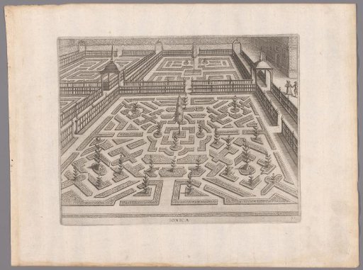 Garden with a parterre with square compartments in the diagonals