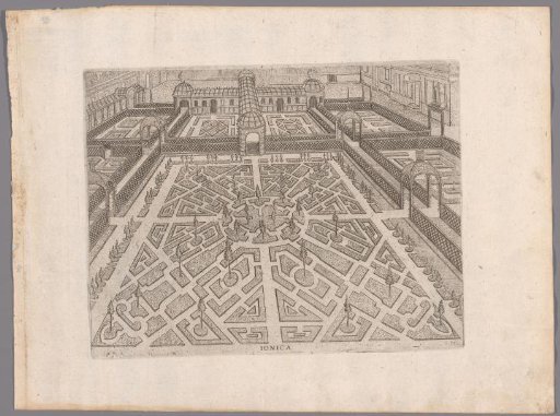 Garden with a parterre surrounded by fences and open pavilions