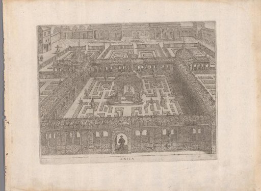 Garden with a parterre enclosed by a lattice walkway and a fountain in the center