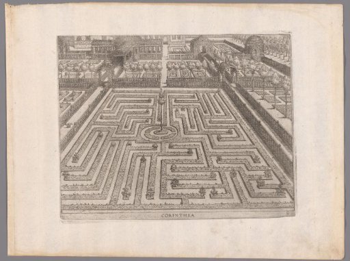 Garden with a rectangular parterre with a circular compartment containing a tree in the center