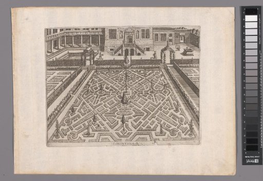 Garden with a parterre with compartments in the form of columns in the diagonals
