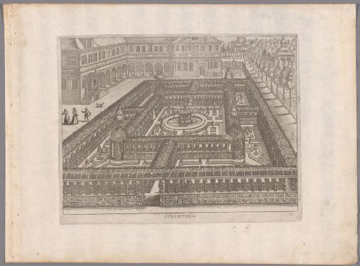 Garden with a parterre surrounded by a double row of lattice walkways