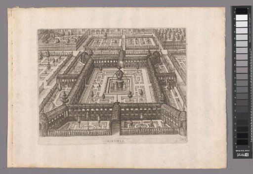 Garden with a parterre surrounded by a lattice walkway and a fountain in the center