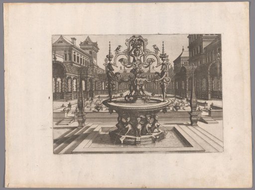 Round fountain supported by sphinxes in a courtyard