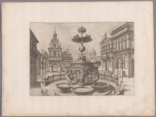 City square with a round fountain