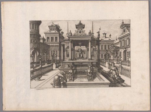 City square with a fountain in the form of a temple in the center