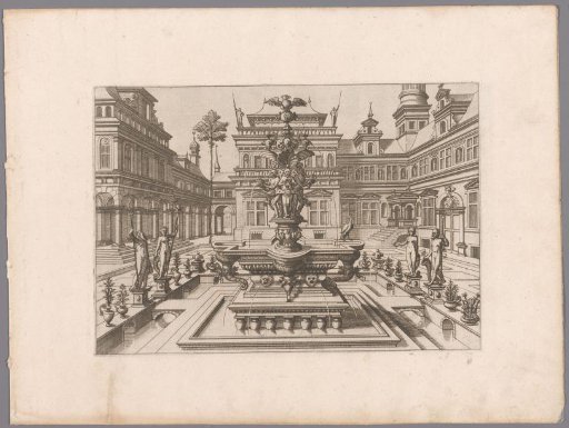 Town Square with a Fountain Surrounded by Statues and Pots with Plants