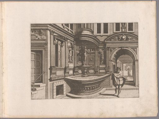 Corner fountain with a statue of Christ under a baldachin