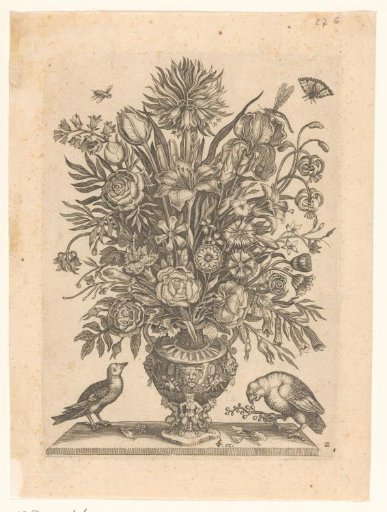 Vase with Flowers and Two Birds
