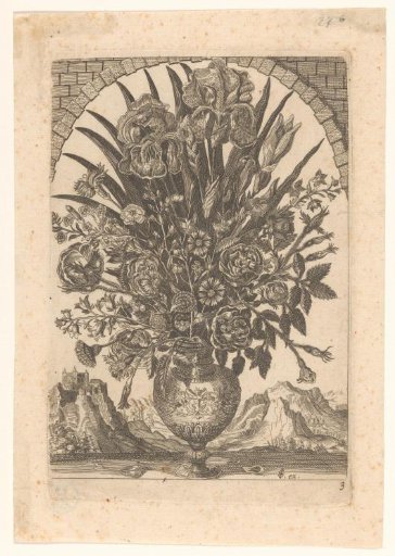 Vase with flowers and a mountain landscape
