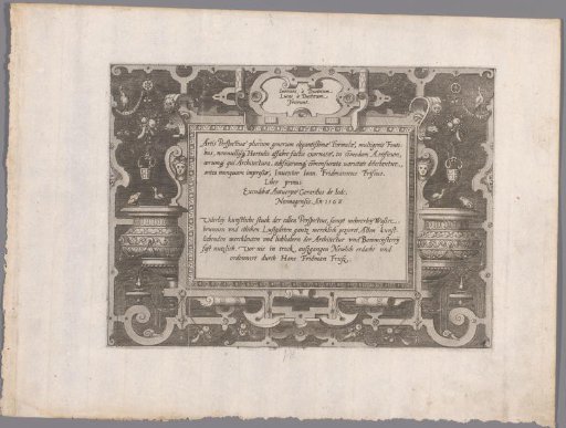 Title in an ornamental frame with a vat on each side and a frog and bird on the rim