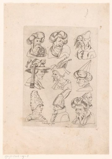 Composition with nine male heads