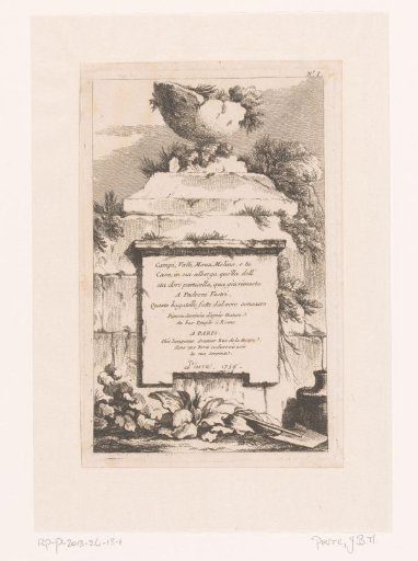 Title print with a vine-covered wall of a ruin
