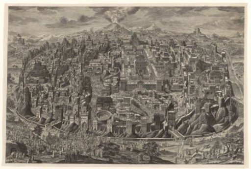 Bird's-eye view overview map of Jerusalem with depictions of Christ's Passion