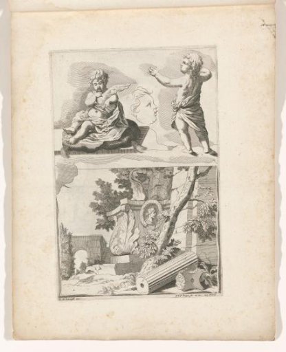 Print 5 from a Series of Drawing Examples with Two Children with a Dove Above and a Landscape with a Bow and Architectural Fragments Below