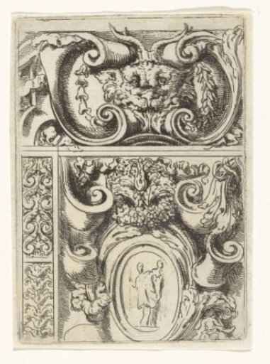 Cartouche with animal head and below it a cartouche with Madonna and Child