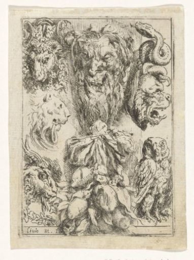 Animal heads and a bunch of fruit