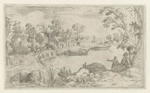 River landscape with woman and child and man on horseback