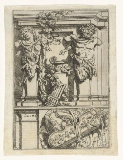 Two caryatids, a pan flute, an arrow and bow, and a shield