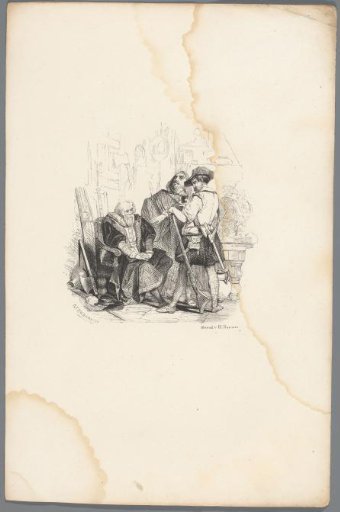 Two men standing before a seated man