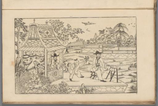 Chinese drummer on a platform in a landscape