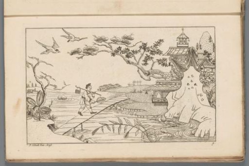 Chinese figure on a bridge over a river