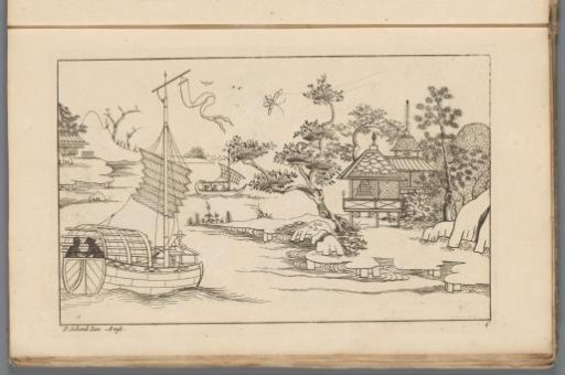Chinese landscape with sailing ships on a river