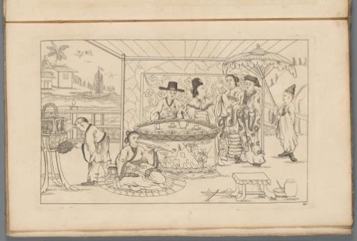 Chinese figures around a tea table