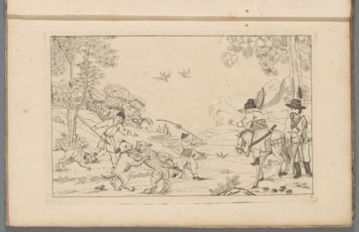 Landscape with dogs hunting a wild animal